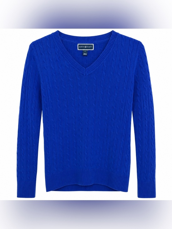 Karen Scott Sweaters - Karen‎ Scott Cable Knit V-Neck Sweater Women's Small Blue Cotton Soft Knit